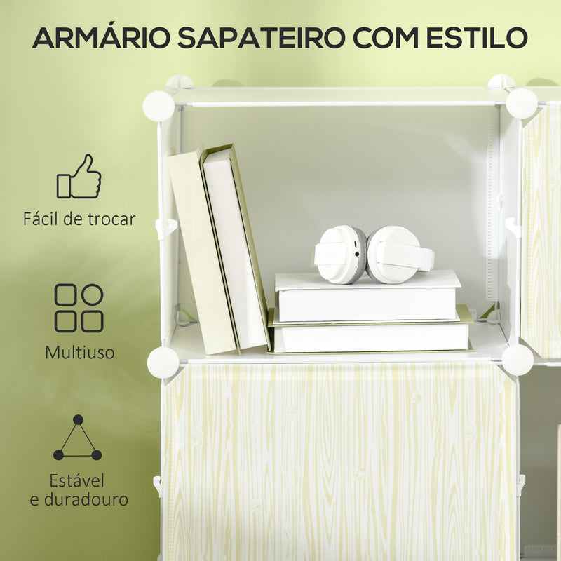 Armário Modular de Plástico Armário Portátil com 12 Cubos Organizadores de Sapatos Roupas Brinquedos para Entrada Corredor Dormitório 125x32x125cm Branco e Natural