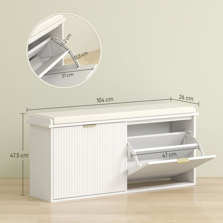 Banco Sapateira Móvel Sapateira Estreito Banco de Entrada com Assento Estofado 2 Caixas Rebatível e Painel de Ripas para Entrada Quarto Sala de Estar 104x26x47,5 cm Branco