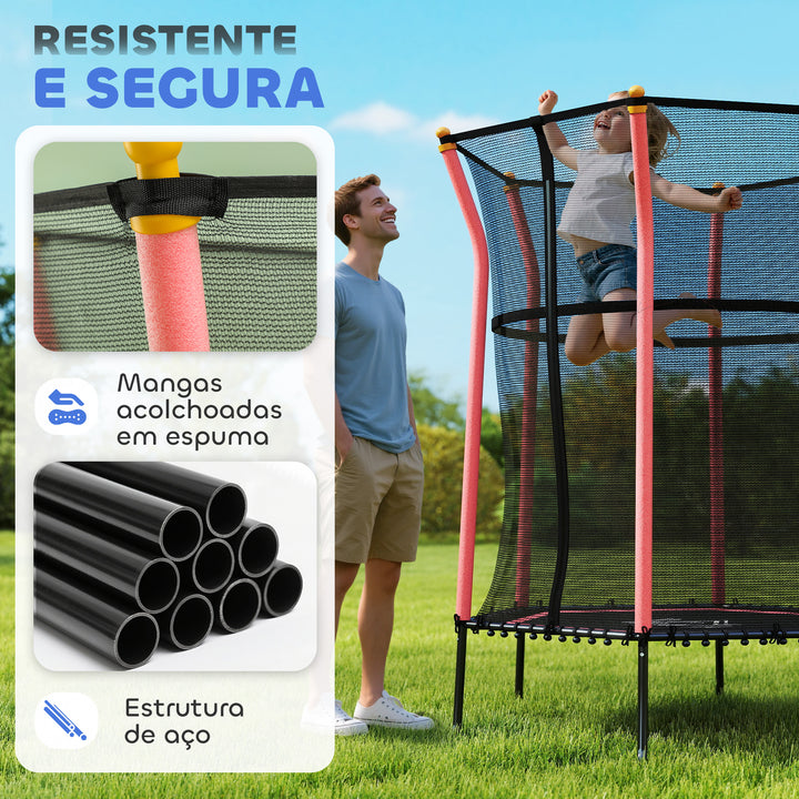 Trampolim para Crianças acima de 3 Anos Cama Elástica Infantil com Rede de Segurança e Estrutura de Aço para Interiores e Exteriores Carga 50kg Ø163,5x190 cm Vermelho