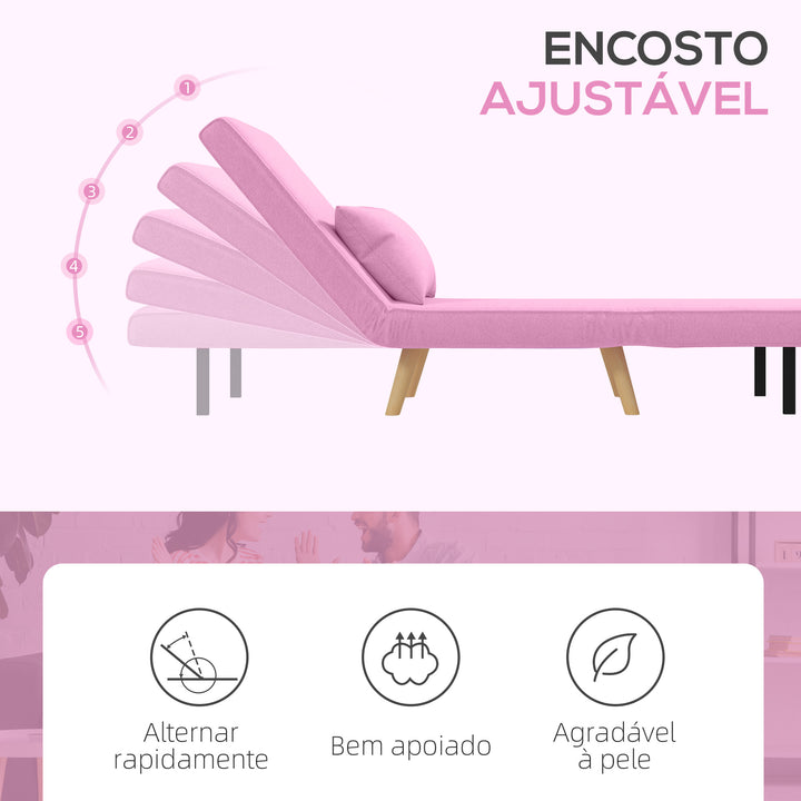 Sofá Cama Individual Sofá Cama Estofado em Linho com Encosto Ajustável em 5 Posições e Almofada Sofá Cama Pequeno para Sala de Estar 72x75x85 cm Rosa
