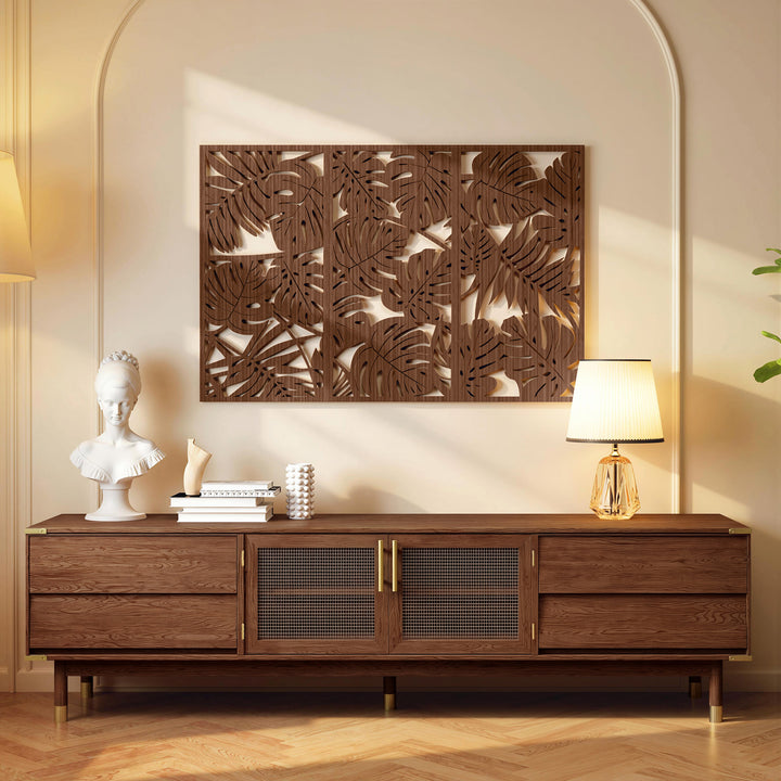 Decoração de Parede em Madeira 3D 3 Peças 40x80 cm Adornos de Parede com Padrão de Folhas Tropicais Arte Moderna para Sala Quarto Corredor Nogueira