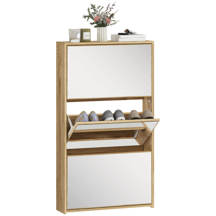 Sapateira Estreita 3 Portas com Espelho Sapateira para Entrada Corredor Para 9 Pares de Sapatos Para Corredor Espaços Reduzidos 65x17x114,5 cm Madeira