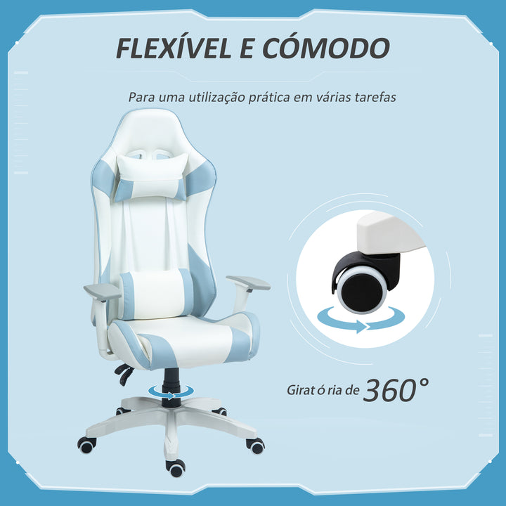Cadeira Gaming Reclinável Cadeira Gamer Giratória com Almofada Lombar Apoios de Braços Ajustáveis Apoio de Cabeça Basculante e Altura Ajustável para Escritório 67x60x120-128 cm Branco e Azul