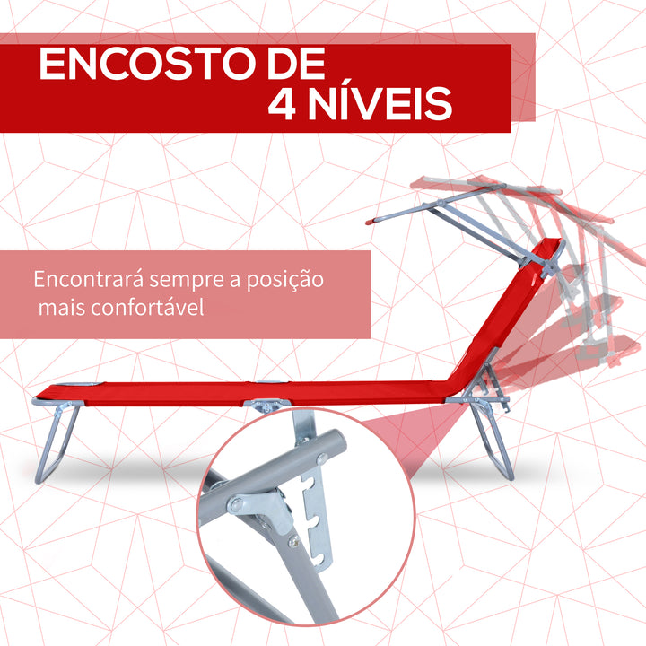 Espreguiçadeira de Jardim Dobrável com Toldo Removível e Ajustável em Ângulo e Encosto Ajustável em 4 Posições para Jardim Terraço Campismo Exterior 187x58x36 cm Vermelho