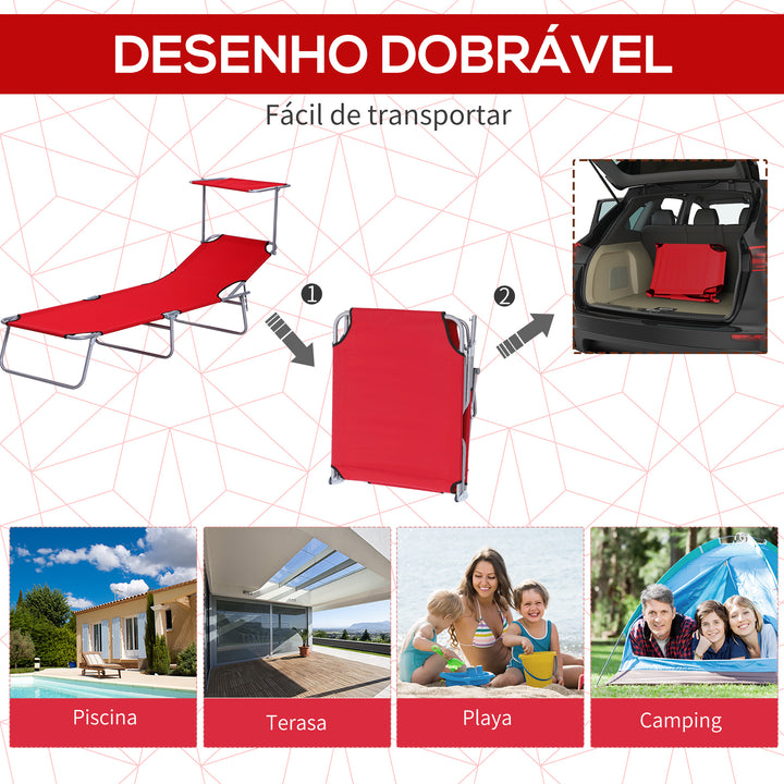 Espreguiçadeira de Jardim Dobrável com Toldo Removível e Ajustável em Ângulo e Encosto Ajustável em 4 Posições para Jardim Terraço Campismo Exterior 187x58x36 cm Vermelho