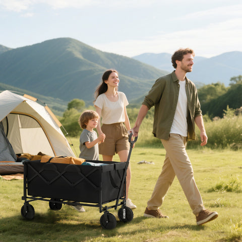 Carrinho de Transporte com Rodas Grandes Carrinho de Jardim Dobrável com Guiador Telescópico Ajustável Porta Traseira Expandível Carrinho de Praia Carga 100 kg Carrinho para Campismo 95x55x102 cm Preto