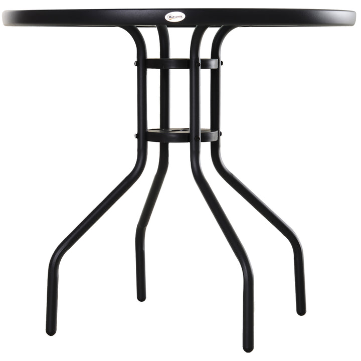 Mesa de Jardim Redonda Mesa Sala de Jantar de Cristal Temperado com Orifício para Chapéu de Sol Estrutura Metálica para Pátio Terraço Exterior Ø80x72cm Preto