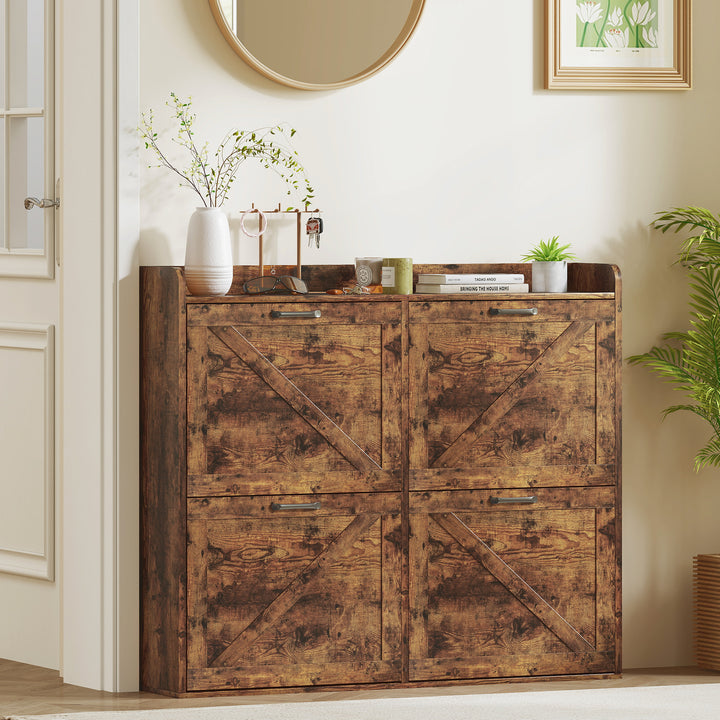 Sapateira de 4 Portas Móvel Sapateira Estreita com Prateleiras Ajustáveis Estilo Industrial para 24 Pares de Sapatos Móvel Auxiliar para Entrada 120x24x103 cm Castanho Rústico