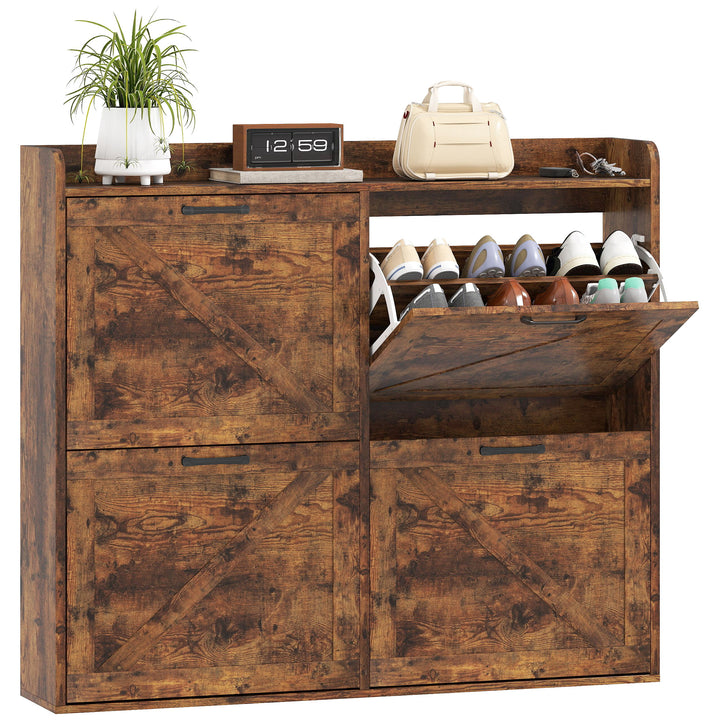 Sapateira de 4 Portas Móvel Sapateira Estreita com Prateleiras Ajustáveis Estilo Industrial para 24 Pares de Sapatos Móvel Auxiliar para Entrada 120x24x103 cm Castanho Rústico
