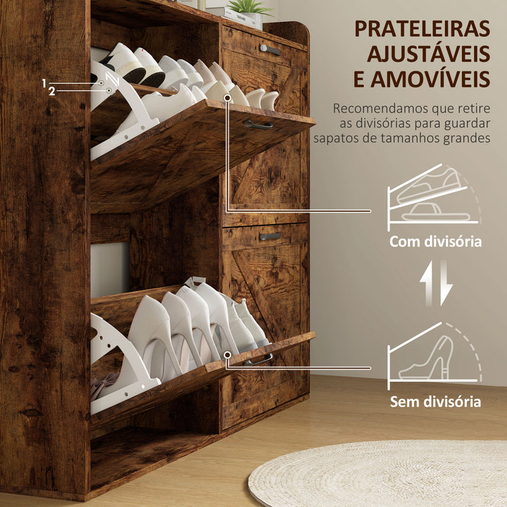 Sapateira de 4 Portas Móvel Sapateira Estreita com Prateleiras Ajustáveis Estilo Industrial para 24 Pares de Sapatos Móvel Auxiliar para Entrada 120x24x103 cm Castanho Rústico