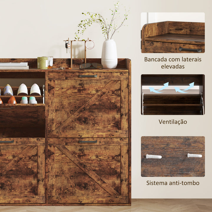 Sapateira de 4 Portas Móvel Sapateira Estreita com Prateleiras Ajustáveis Estilo Industrial para 24 Pares de Sapatos Móvel Auxiliar para Entrada 120x24x103 cm Castanho Rústico