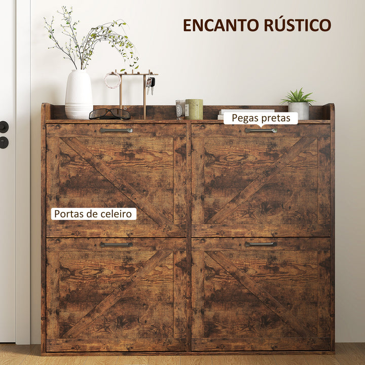 Sapateira de 4 Portas Móvel Sapateira Estreita com Prateleiras Ajustáveis Estilo Industrial para 24 Pares de Sapatos Móvel Auxiliar para Entrada 120x24x103 cm Castanho Rústico