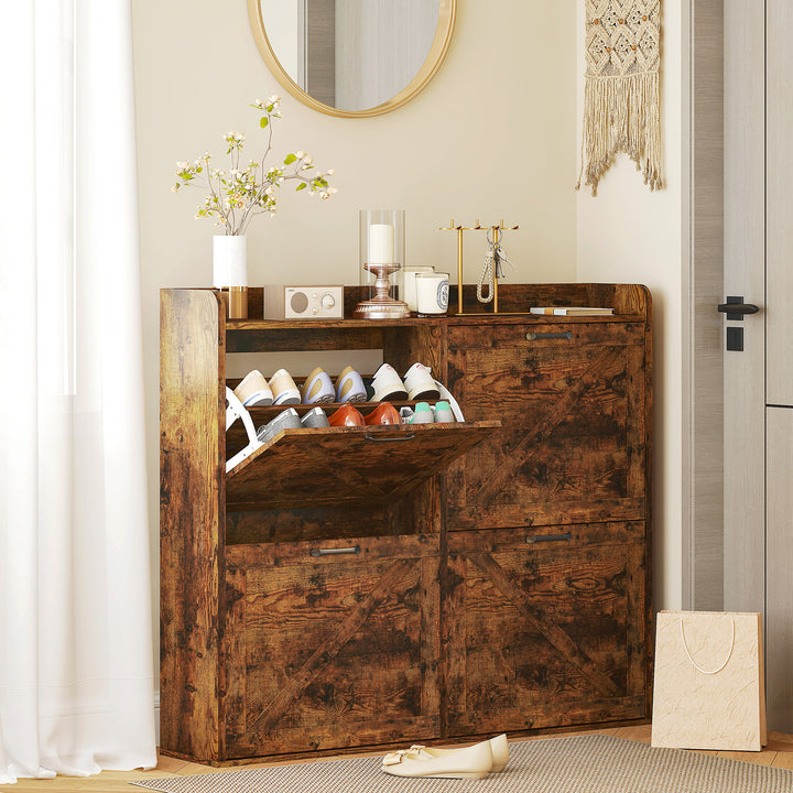 Sapateira de 4 Portas Móvel Sapateira Estreita com Prateleiras Ajustáveis Estilo Industrial para 24 Pares de Sapatos Móvel Auxiliar para Entrada 120x24x103 cm Castanho Rústico