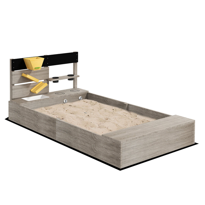 Caixa de Areia para Crianças de Madeira Caixa de Areia Infantil com 2 Assentos 2 Caixas de Plantação e Brinquedos de Cozinha para Pátio Jardim 154x80x60 cm Cinza