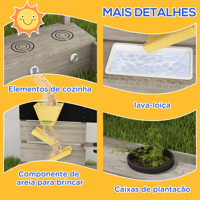 Caixa de Areia para Crianças de Madeira Caixa de Areia Infantil com 2 Assentos 2 Caixas de Plantação e Brinquedos de Cozinha para Pátio Jardim 154x80x60 cm Cinza