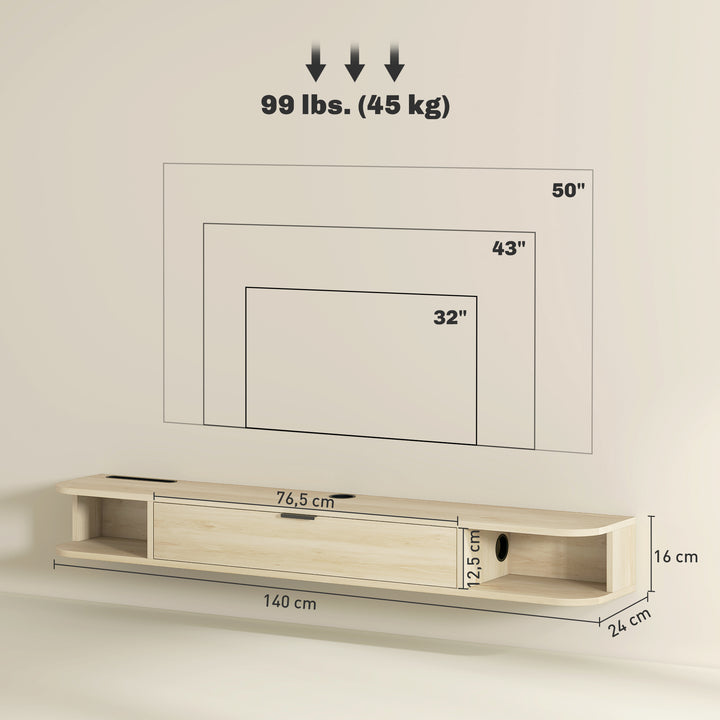 Móvel de TV Suspenso Móvel de TV para Sala com Gaveta Rebatível 2 Prateleiras Abertas Orifício para Cabos Estilo Moderno para Televisão 60 Polegadas 140x24x16 cm Madeira