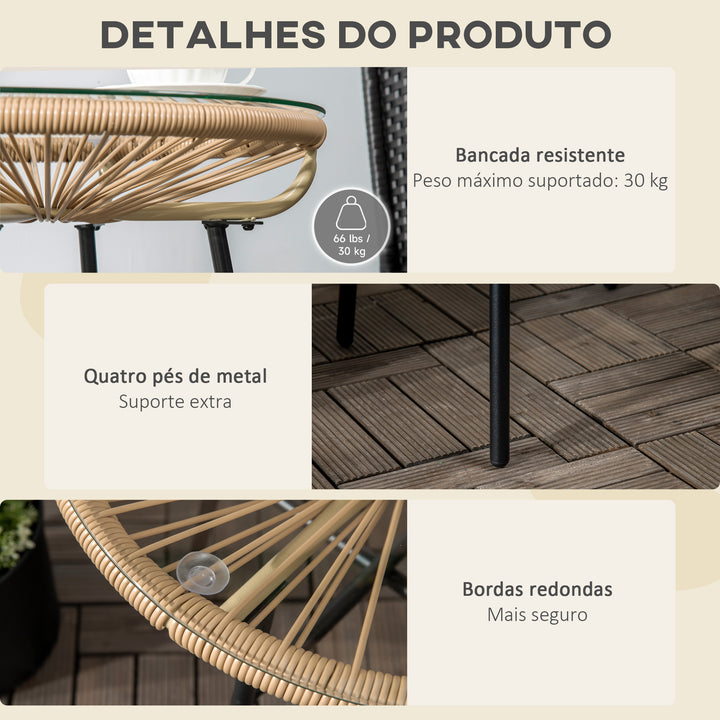 Mesa Auxiliar de Vime Sintético Mesa de Centro Redonda para Exteriores com Bancada de Vidro Temperado e Pés de Metal para Pátio Jardim Varanda Ø50x50 cm Bege e Preto