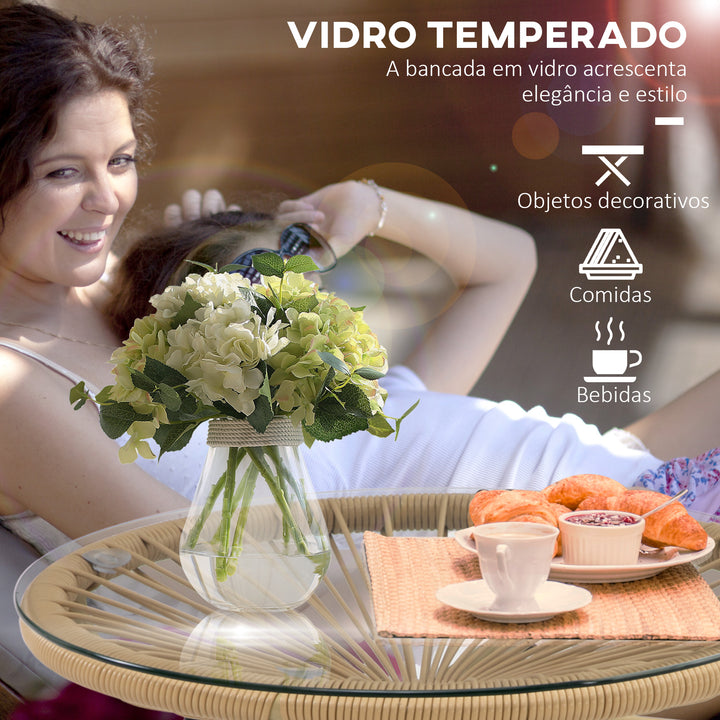 Mesa Auxiliar de Vime Sintético Mesa de Centro Redonda para Exteriores com Bancada de Vidro Temperado e Pés de Metal para Pátio Jardim Varanda Ø50x50 cm Bege e Preto