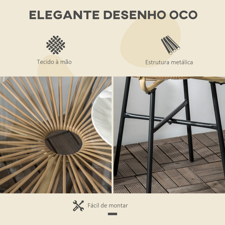 Mesa Auxiliar de Vime Sintético Mesa de Centro Redonda para Exteriores com Bancada de Vidro Temperado e Pés de Metal para Pátio Jardim Varanda Ø50x50 cm Bege e Preto