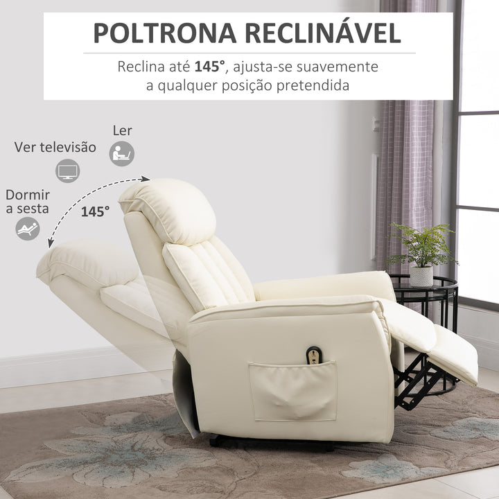 Poltrona Levanta Pessoas Poltrona Reclinável com Apoio para os Pés Controlo Remoto Reclinação 145° e Bolso Lateral Carga 150 kg 80x94x104 cm Creme