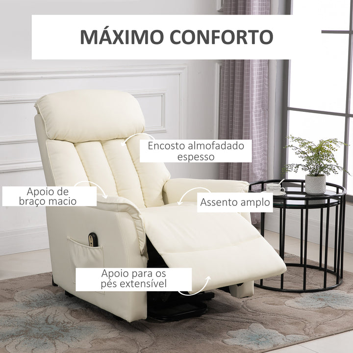 Poltrona Levanta Pessoas Poltrona Reclinável com Apoio para os Pés Controlo Remoto Reclinação 145° e Bolso Lateral Carga 150 kg 80x94x104 cm Creme