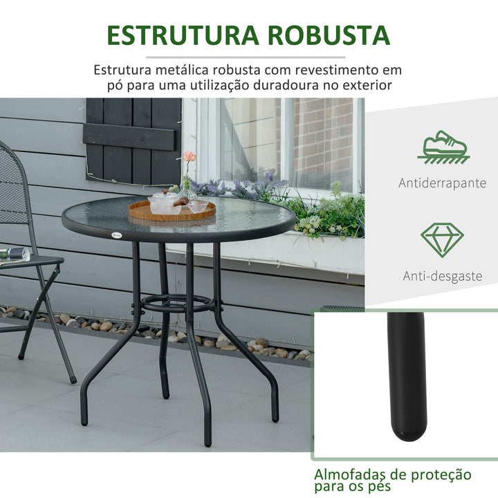 Mesa de Jardim Redonda Mesa de Exterior Ø80x72 cm com Orifício para Chapéu de Sol e Tampo de Vidro Temperado para Pátio Terraço Preto