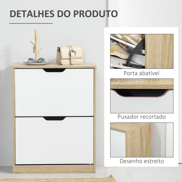 Armário para Sapatos Sapateira de Madeira com 2 Portas Abatíveis 4 Prateleiras de Armazenamento Capacidade 8 Pares de Sapatos para Entrada Corredor Dormitório 62,5x26x81cm Branco e Natural