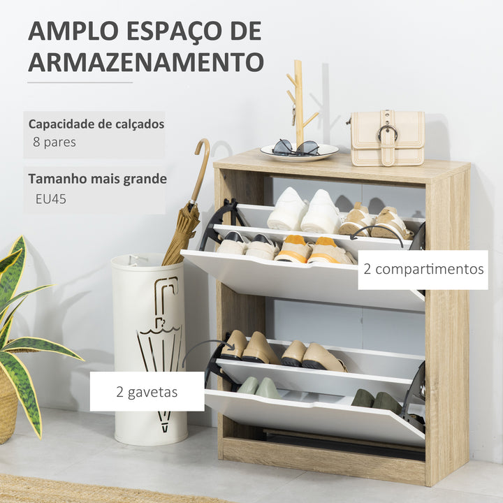 Armário para Sapatos Sapateira de Madeira com 2 Portas Abatíveis 4 Prateleiras de Armazenamento Capacidade 8 Pares de Sapatos para Entrada Corredor Dormitório 62,5x26x81cm Branco e Natural