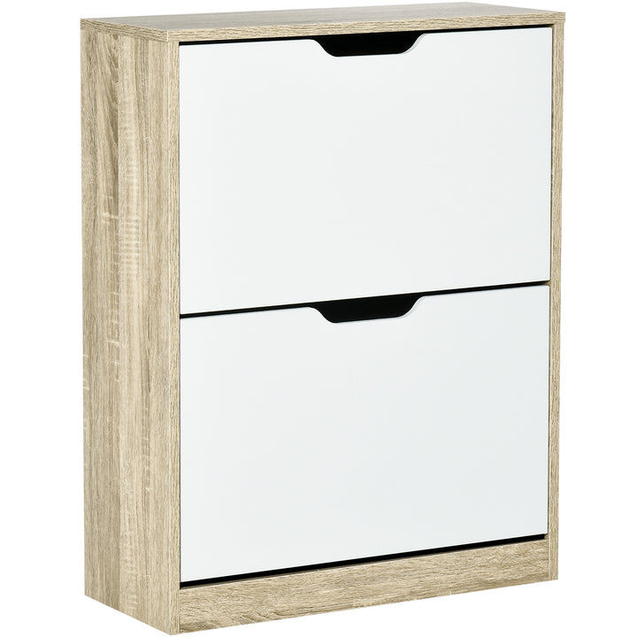Armário para Sapatos Sapateira de Madeira com 2 Portas Abatíveis 4 Prateleiras de Armazenamento Capacidade 8 Pares de Sapatos para Entrada Corredor Dormitório 62,5x26x81cm Branco e Natural