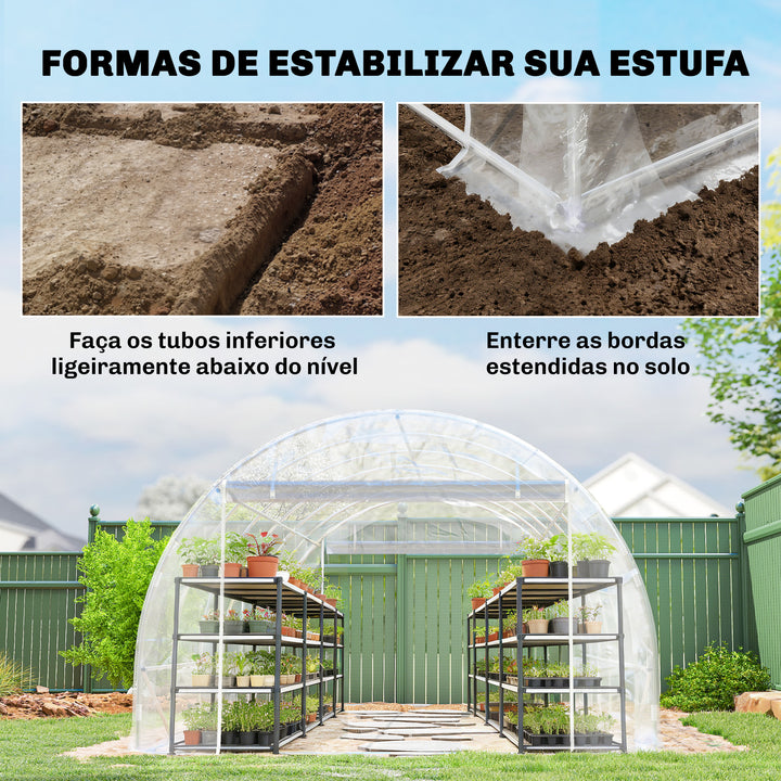 Estufa tipo Túnel 296x597x199 cm Estufa de Exterior com 2 Portas Enroláveis Estrutura de Aço Galvanizado e Cobertura em PE 150g/m² Anti-UV Impermeável para Cultivos Transparente
