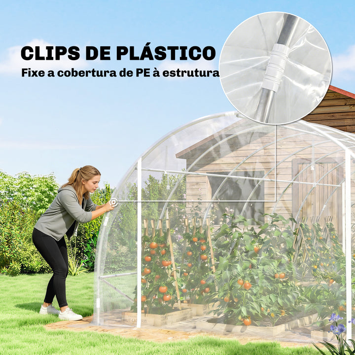 Estufa tipo Túnel 296x597x199 cm Estufa de Exterior com 2 Portas Enroláveis Estrutura de Aço Galvanizado e Cobertura em PE 150g/m² Anti-UV Impermeável para Cultivos Transparente
