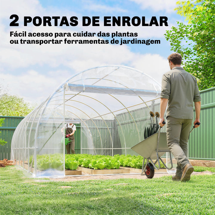 Estufa tipo Túnel 296x597x199 cm Estufa de Exterior com 2 Portas Enroláveis Estrutura de Aço Galvanizado e Cobertura em PE 150g/m² Anti-UV Impermeável para Cultivos Transparente