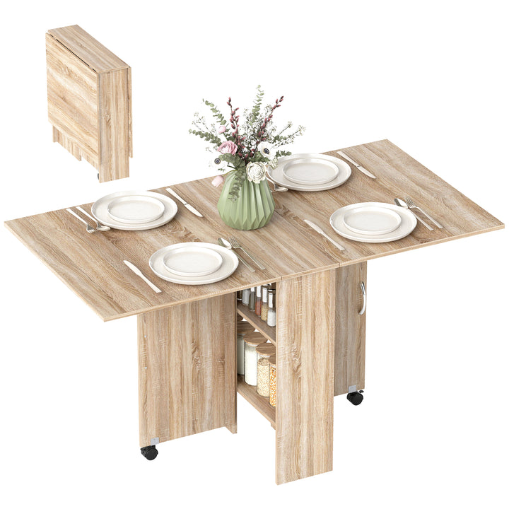 Mesa de Sala de Jantar Dobrável Mesa de Madeira com 2 Prateleiras de Armazenamento e Rodas para Cozinha 75x140x74 cm Madeira