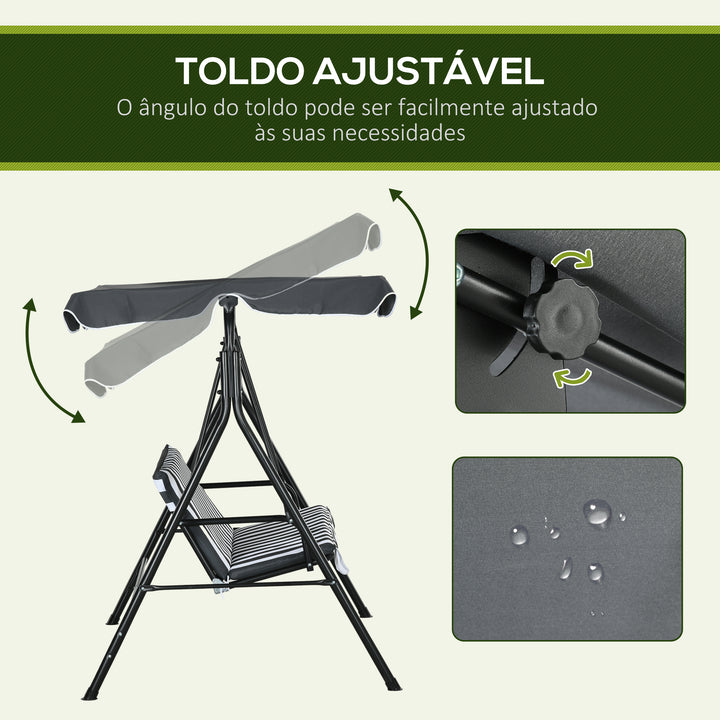 Baloiço de Jardim Exterior de 3 Lugares Balanço de Jardim com Toldo Ajustável e Estrutura de Aço, para Varanda Terraço Pátio Carga 240 kg, 172x110x153 cm,Cinzento e Branco