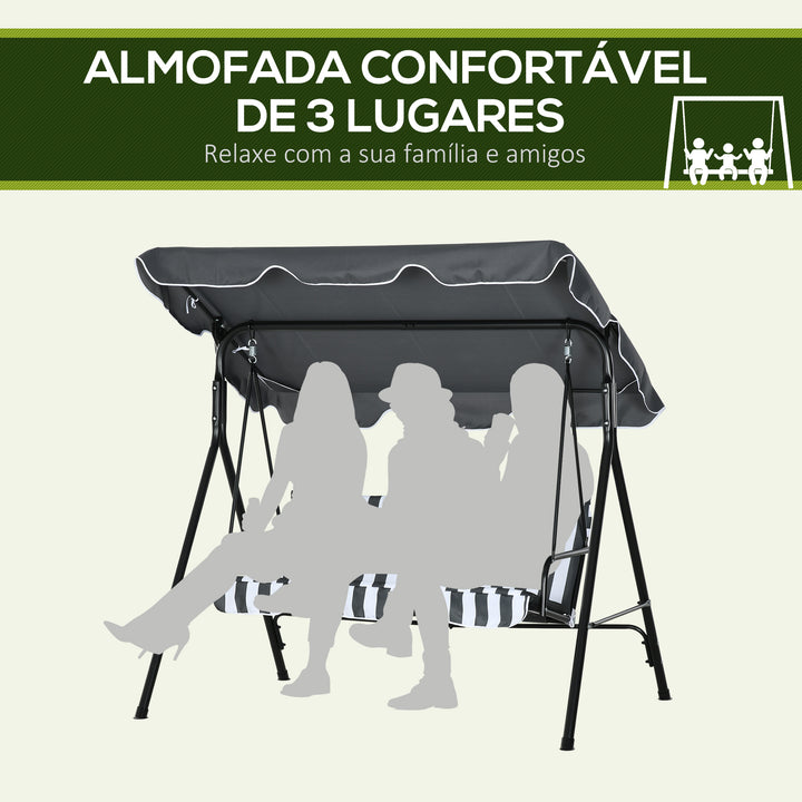 Baloiço de Jardim Exterior de 3 Lugares Balanço de Jardim com Toldo Ajustável e Estrutura de Aço, para Varanda Terraço Pátio Carga 240 kg, 172x110x153 cm,Cinzento e Branco