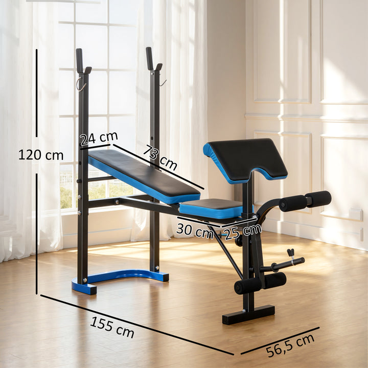 Banco de Musculação Multifuncional Banco de Pesos com Suporte para Barras e Encosto Ajustável para Treino Completo de Corpo em Casa Ginásio 155x56,5x120 cm Preto e Azul