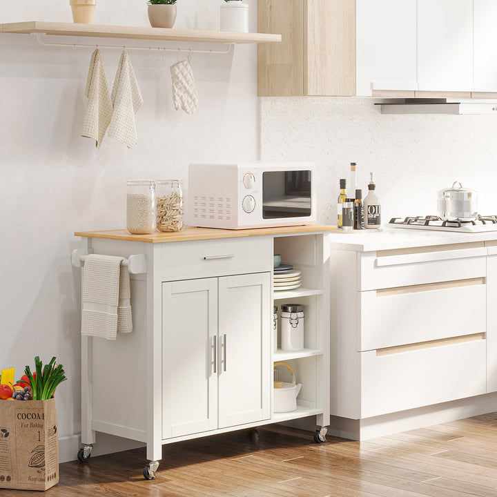 Carrinho de Cozinha com Rodas Móvel Auxiliar de Cozinha com 1 Gaveta 2 Portas 3 Prateleiras Abertas e Barra Lateral para Sala de Jantar 107,5x48x89cm Branco