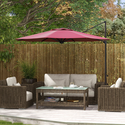 Chapéu de Sol Excêntrico Ø294x242 cm Chapéu de Sol de Jardim com Altura Ajustável Mastro Giratório 360° Ângulo Ajustável e Ventilação Superior para Pátio Piscina Vinho