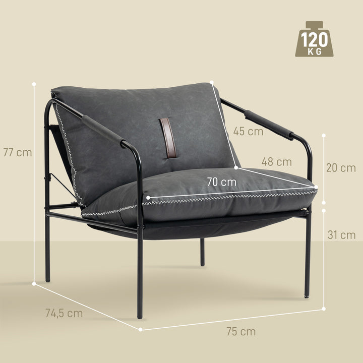 Poltrona Moderna Poltrona de Leitura Estofada em Couro Sintético Capas de Almofadas Removíveis Acolchoamento Espesso Pés de Metal para Quarto Escritório 74,5x75x77 cm Cinza Carvão