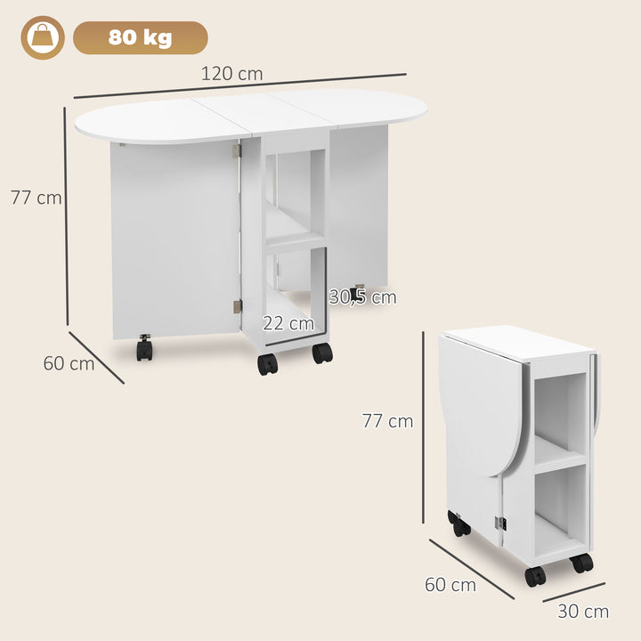 Mesa de Cozinha Dobrável com Rodas Mesa de Cozinha com Laterais Rebatíveis e 2 Prateleiras Abertas Estilo Moderno Carga 80 kg 120x60x77 cm Branco