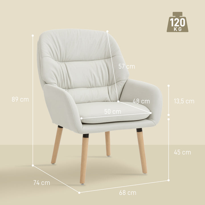 Poltrona de Sala de Estar Moderna Acolchoada de Dupla Camada Estofada em Couro Sintético Pés de Madeira 68x74x89 cm Creme