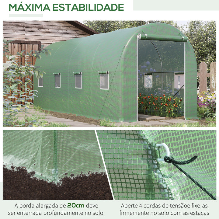 Estufa tipo Túnel 500x200x205 cm Estufa de Jardim com Porta Enrolável e 8 Janelas Cobertura de PE 140 g/m² Estrutura de Metal para Cultivo de Plantas Verduras Verde