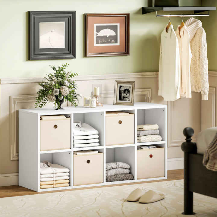 Estante Cubo Moderna Estante de Armazenamento Horizontal ou Vertical com 8 Compartimentos Abertos e 4 Gavetas de Tecido para Sala de Estar Quarto Escritório 105,9x30x53,7 cm Branco e Bege
