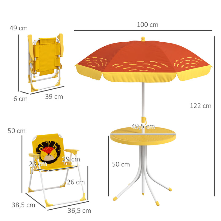 Conjunto Infantil de Mesa e Cadeiras de Exterior Conjunto de 2 Cadeiras Dobráveis e Mesa para Crianças Mesa com Chapéu de Sol Ajustável em Altura Tema de Leão para Jardim Pátio Amarelo e Castanho