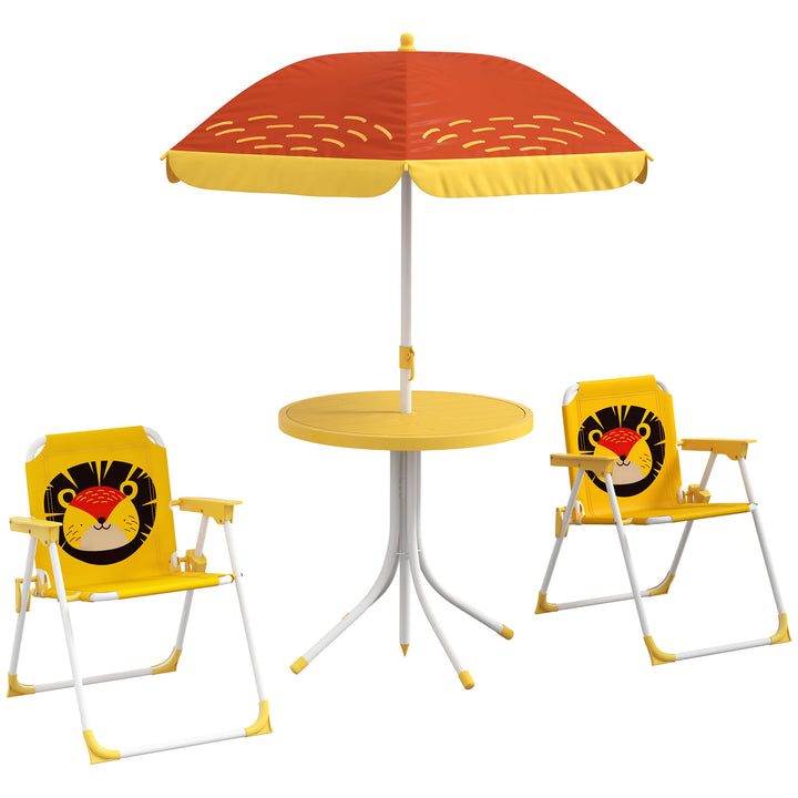 Conjunto Infantil de Mesa e Cadeiras de Exterior Conjunto de 2 Cadeiras Dobráveis e Mesa para Crianças Mesa com Chapéu de Sol Ajustável em Altura Tema de Leão para Jardim Pátio Amarelo e Castanho