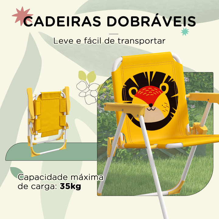 Conjunto Infantil de Mesa e Cadeiras de Exterior Conjunto de 2 Cadeiras Dobráveis e Mesa para Crianças Mesa com Chapéu de Sol Ajustável em Altura Tema de Leão para Jardim Pátio Amarelo e Castanho