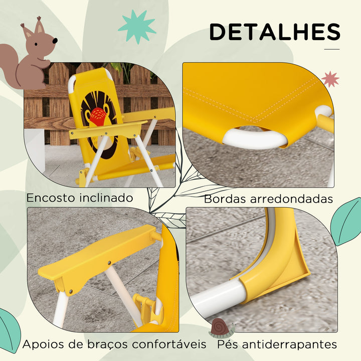 Conjunto Infantil de Mesa e Cadeiras de Exterior Conjunto de 2 Cadeiras Dobráveis e Mesa para Crianças Mesa com Chapéu de Sol Ajustável em Altura Tema de Leão para Jardim Pátio Amarelo e Castanho