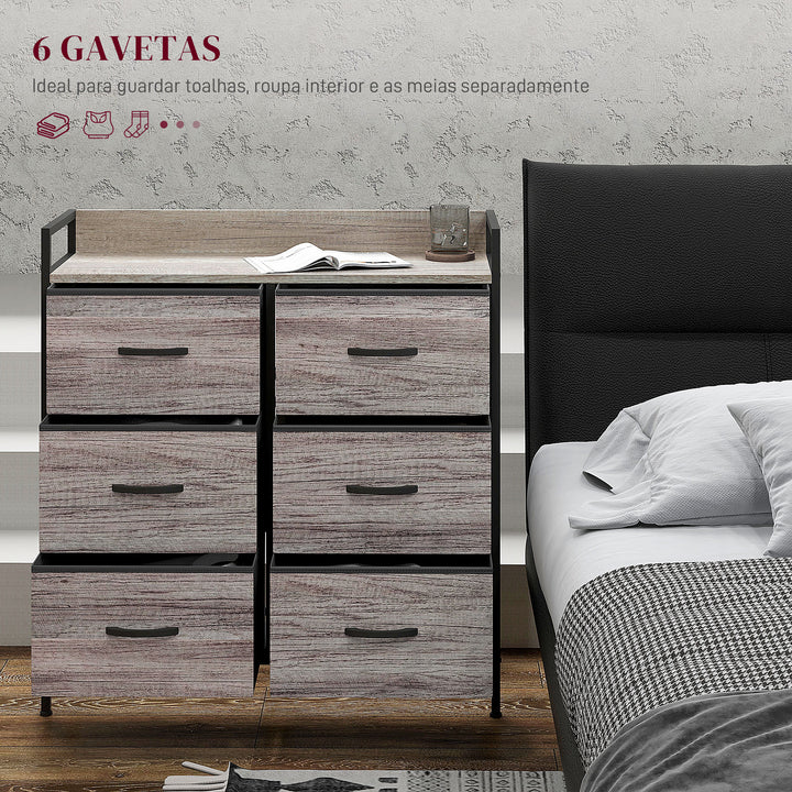 Cómoda com 6 Gavetas Dobráveis Cómoda de Tecido com Estrutura de Aço Estilo Industrial Cómoda para Quarto Corredor 79x29x85 cm Cinzento