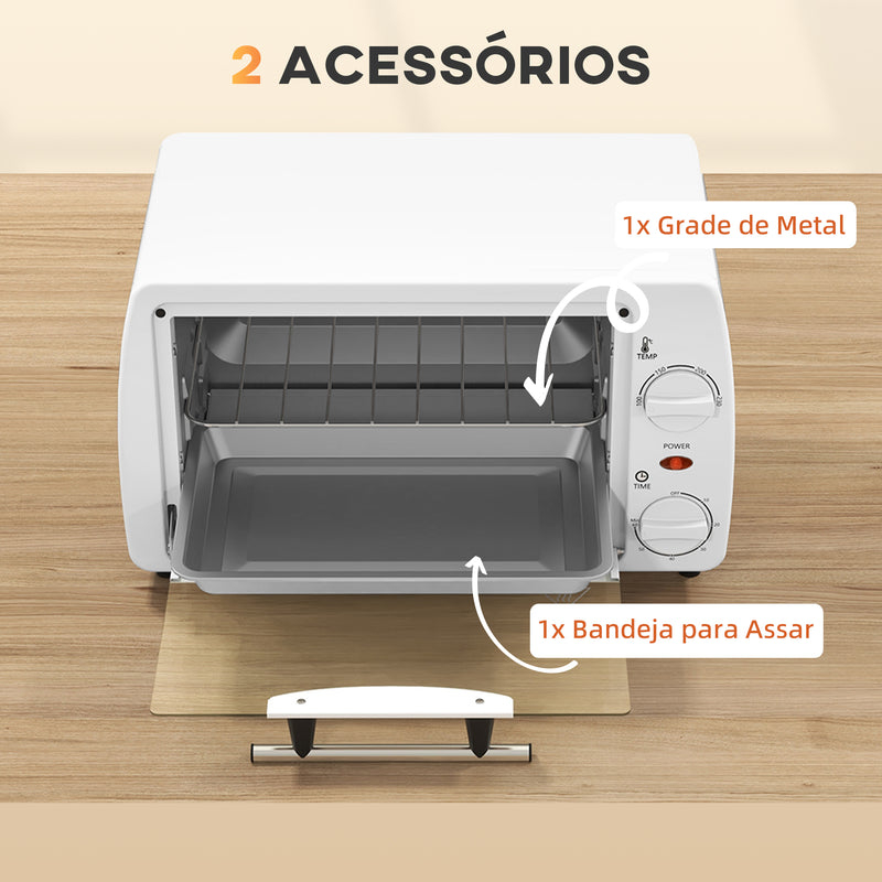 Mini Forno Elétrico 10 Litros 750W com Temperatura até 230 °C Temporizador 60 Minutos Bandeja e Grade 36,5x26x22 cm Branco