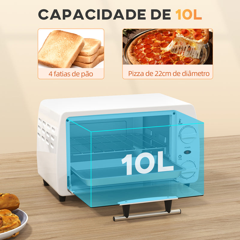 Mini Forno Elétrico 10 Litros 750W com Temperatura até 230 °C Temporizador 60 Minutos Bandeja e Grade 36,5x26x22 cm Branco